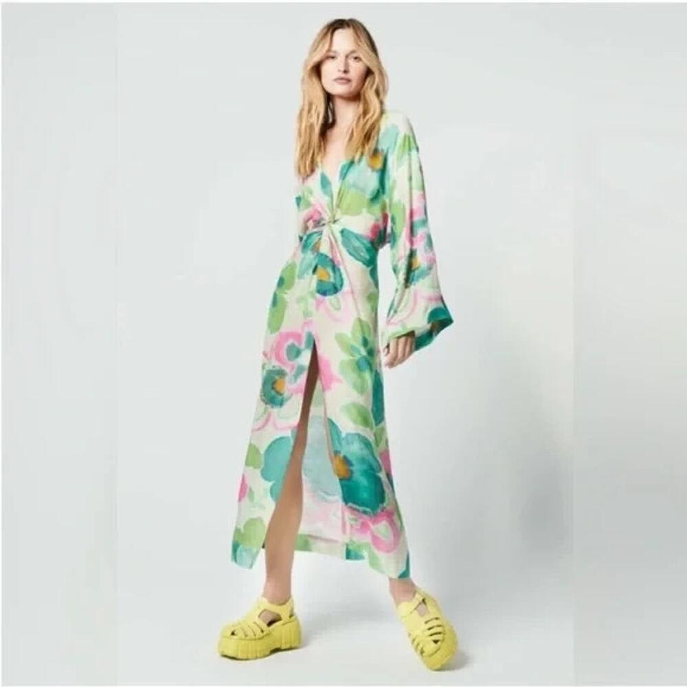 Smythe Green Pink Silk Blend Twist Watercolor Floral Print Maxi Flowy Dress XS